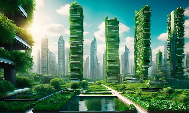Futuristische grüne, umweltfreundliche Stadt mit See