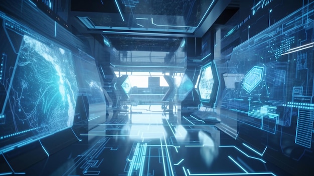 Futuristische Gruppe im Hightech-Raumschiffinnenraum mit detaillierter VFX-Szene und SciFi-Laborhintergrund