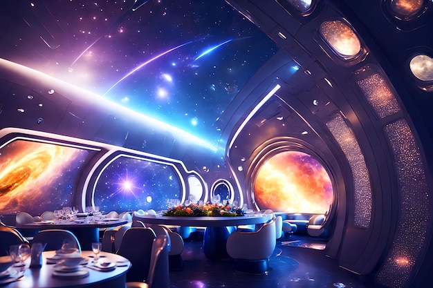 Futuristische Hartoberflächen-Innenarchitektur eines Raumschiff-Esszimmers mit generativer Kunst von KI