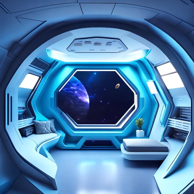 Futuristische Hartoberflächen-Innenarchitektur eines Raumschiff-Schlafzimmers mit generativer Kunst von AI