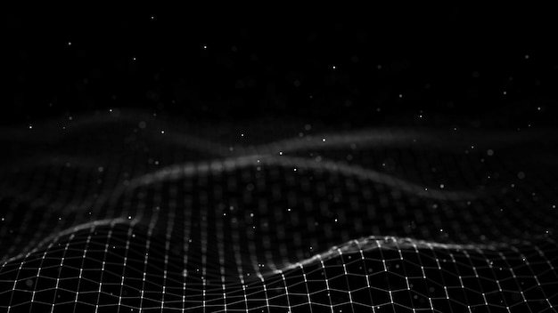 Futuristische Hexagon-Welle Dunkler Cyberspace Abstrakte Welle mit Punkten und Linien Weiße sich bewegende Partikel auf 3D-Rendering im Hintergrund