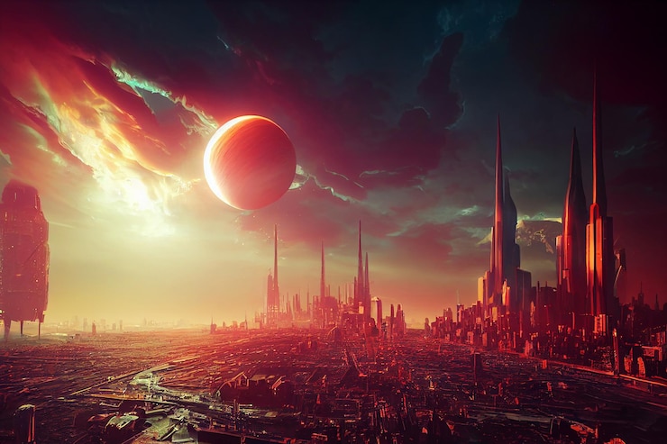 Foto futuristische hochtechnologische metropolen-skyline auf alien planet art illustration
