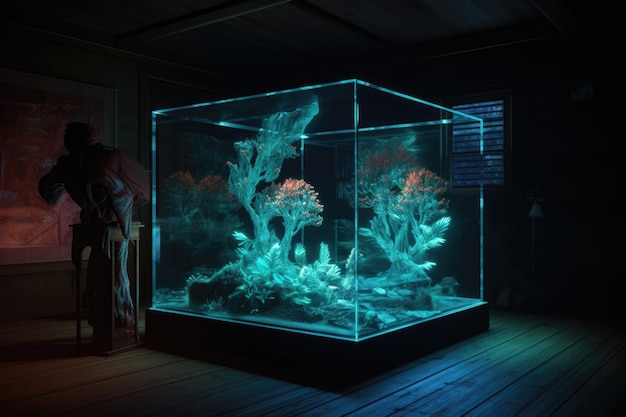 Futuristische holographische Anzeige in einem dunklen Raum, erstellt mit generativer KI