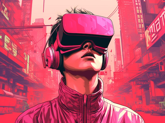 Futuristische Illustration, die einen Mann mit VR-Headset zeigt