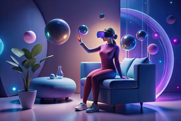 Foto futuristische illustration einer person mit virtual-reality-brille und elementen im hintergrund