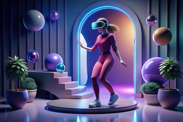 Futuristische Illustration einer Person mit Virtual-Reality-Brille und Elementen im Hintergrund