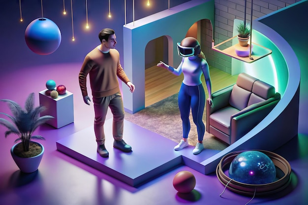 Foto futuristische illustration einer person mit virtual-reality-brille und elementen im hintergrund