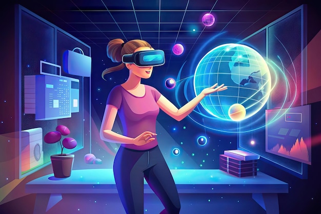 Foto futuristische illustration einer person mit virtual-reality-brille und elementen im hintergrund