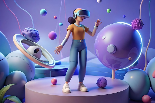 Foto futuristische illustration einer person mit virtual-reality-brille und elementen im hintergrund