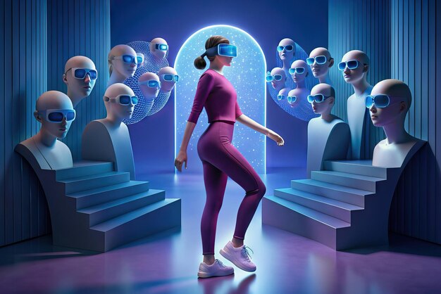 Foto futuristische illustration einer person mit virtual-reality-brille und elementen im hintergrund