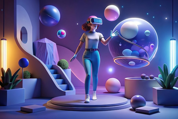 Futuristische Illustration einer Person mit Virtual-Reality-Brille und Elementen im Hintergrund