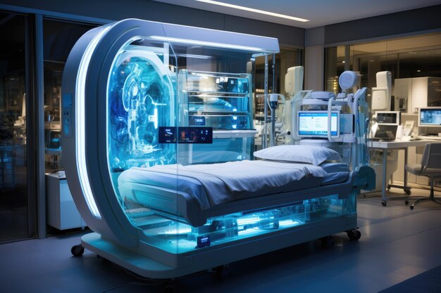 Futuristische Krankenhausszene mit Robotern, die Operationen beobachten, generative IA