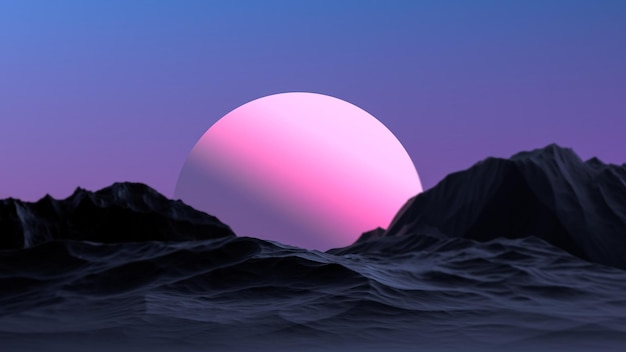 Futuristische Landschaft eines rosafarbenen Planeten am Horizont Fantastische mysteriöse Landschaft mit Bergen 3D-Rendering