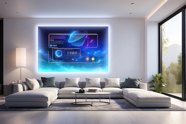 Futuristische lebende LED-Wandkunst in einem stimmekontrollten Smart-Home-Mockup