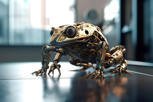 Futuristische Maschinen Frosch vor dunklem Hintergrund Generative Ai