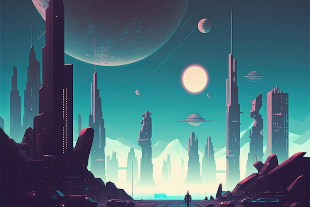 Futuristische Metropole mit Planeten und Sonnenfinsternis im Hintergrund Fantasy-Konzept Illustrationsmalerei Generative KI