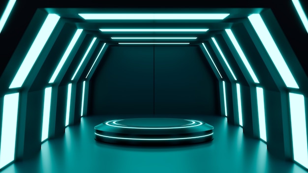 Futuristische Mock-up-Szene mit Podium für Produktpräsentation abstraktes blaues Neon futuristisches Scifi-Innendesign