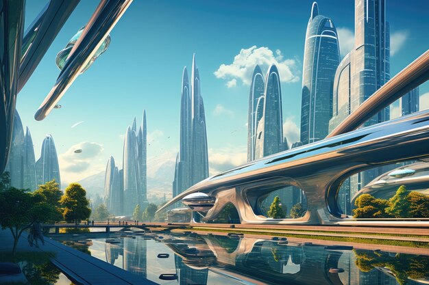 Futuristische moderne Stadt mit High-End-Technologie und Gebäuden