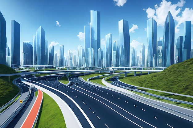 Futuristische, moderne Zukunftsstadt mit generativer Kunst auf Autobahnstraßen von KI