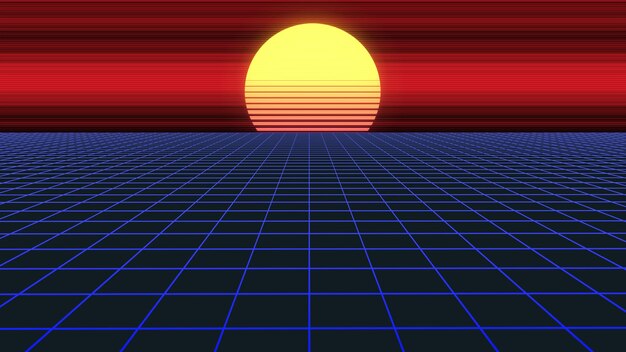 Futuristische Neonlandschaft im Stil der 1980er Jahre Retro Abstract RPG Gaming RPG Hintergrund Digitale Berge