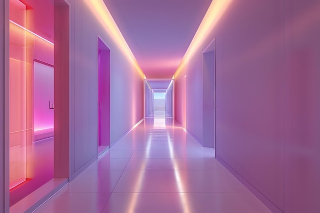 Futuristische Neonlichter im Flur eines modernen Gebäudes mit lebendiger rosa und blauer Lumineszenz