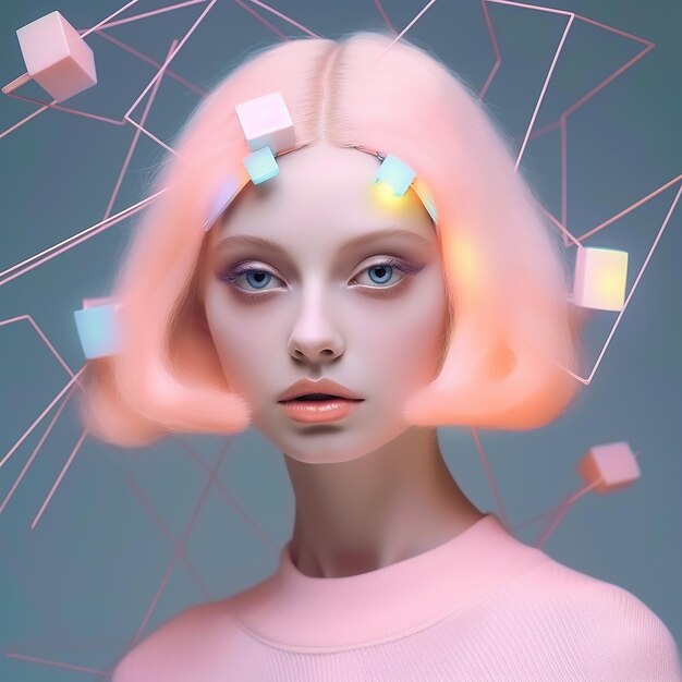 Foto futuristische neonporträts glamouröser cyberfrauen in lebendigen farbtönen von neonlichtern und geometrischer überlagerung