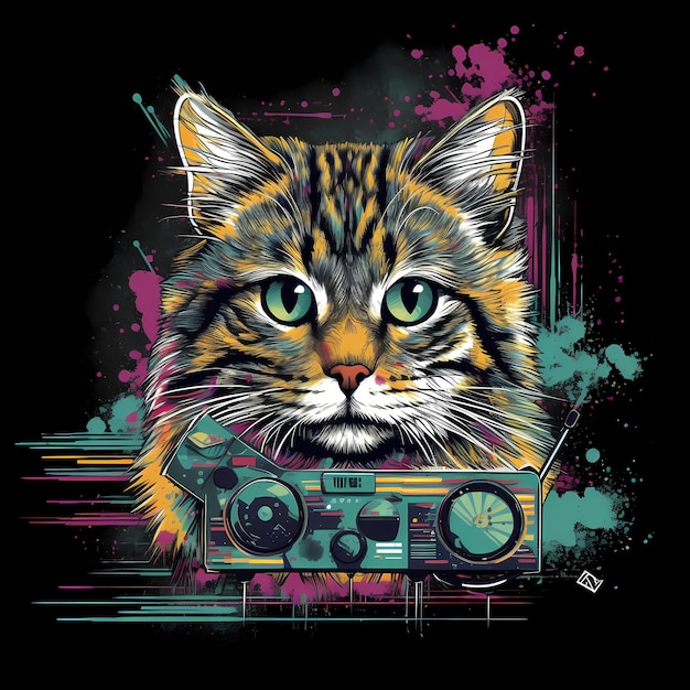 Futuristische Retro-Neon-Graffiti-Kattenporträt Digitale Illustration mit Synthwave Vaporwave Aesthe der 80er Jahre
