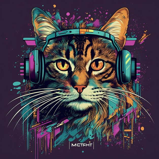 Futuristische Retro-Neon-Graffiti-Kattenporträt Digitale Illustration mit Synthwave Vaporwave Aesthe der 80er Jahre