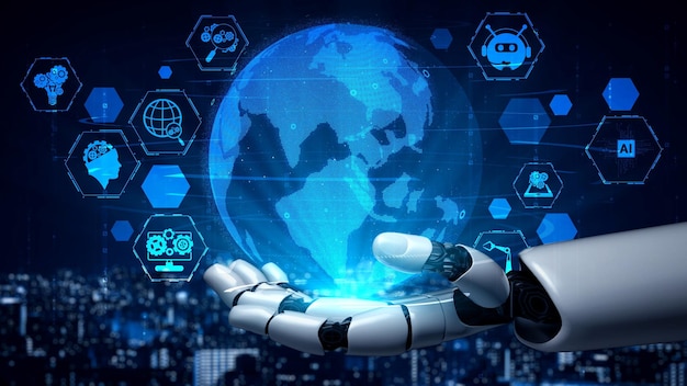 Futuristische Roboter künstliche Intelligenz erleuchtendes KI-Technologiekonzept