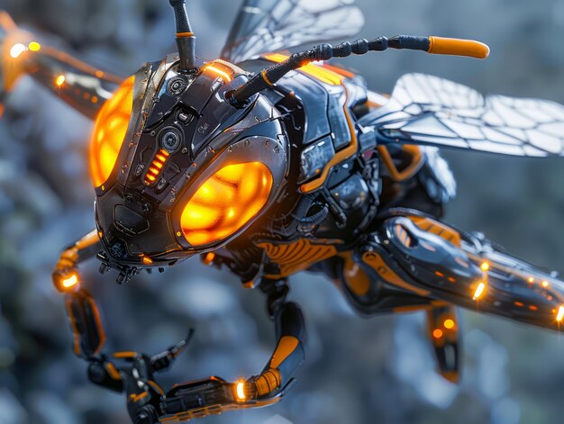 Futuristische Roboterbiene mit leuchtend orangefarbenen Elementen in einer detaillierten Nahaufnahme