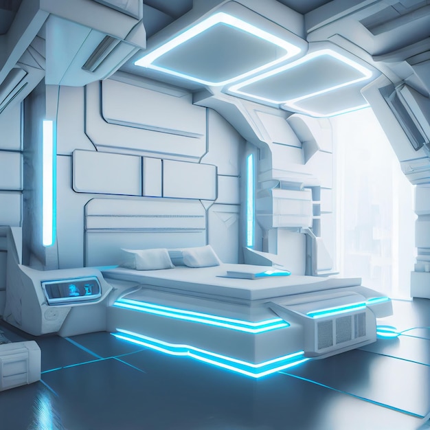 Futuristische Sci-Fi-Architektur, weißes Neon-Schlafzimmer-Innendesign. High-Tech-Schlafzimmer-Interieur