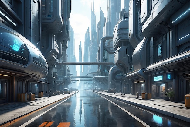 Futuristische Sci-Fi-Stadt-Straßenansicht 3D-digital gerenderte Illustration