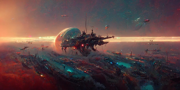 Futuristische Science-Fiction-Kampfraumschiffe schweben über einem sauren Ozean eines fremden Planeten, 3D-Rendering.