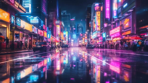 futuristische SciFi-Cyberpunk-Stadt mit leuchtenden Neonlichtern bei Nacht, digitale Illustration