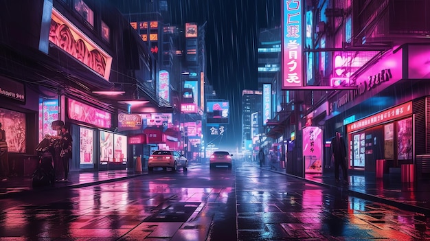 futuristische SciFi-Cyberpunk-Stadt mit leuchtenden Neonlichtern bei Nacht, digitale Illustration