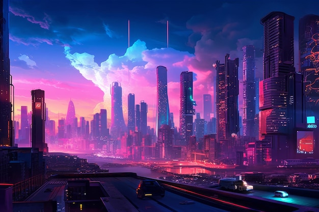 Futuristische Skyline der Stadt im Synthwave-Stil Schönes Illustrationsbild Generative KI