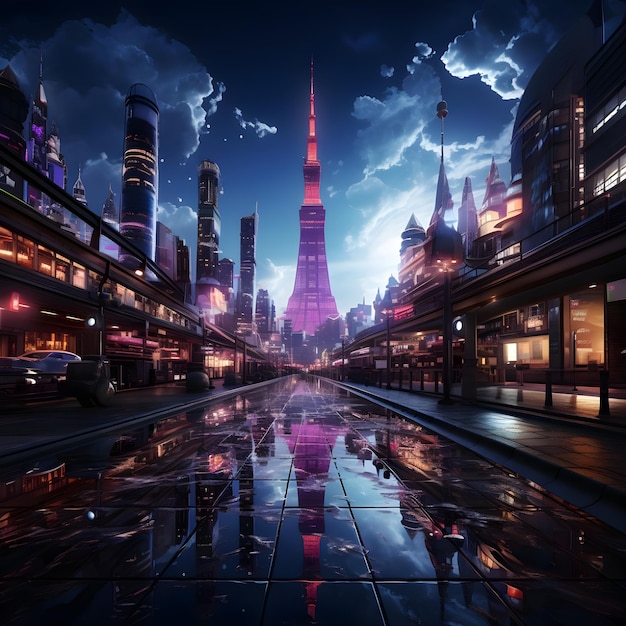 futuristische Skyline der Stadt in Neonfarben dargestellt