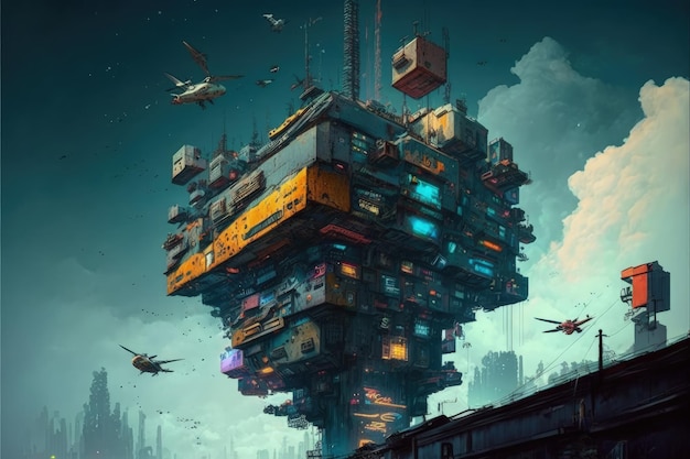 Futuristische Skyline der Stadt mit Slums und hoch aufragenden Bauwerken. Fantasy-Konzept. Illustrationsmalerei. Generative KI