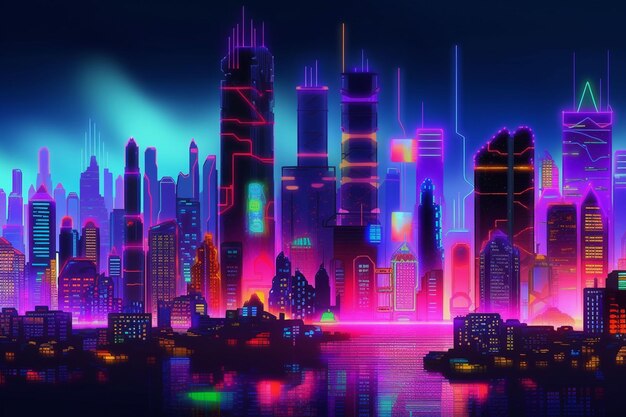 Futuristische Skyline leuchtet in der dunklen Nacht von Dubai, erzeugt von KI