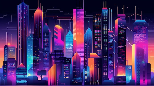 Futuristische Skyline leuchtet in der dunklen Nacht von Dubai, erzeugt von KI