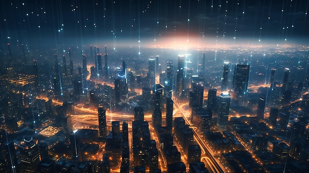 Futuristische Skyline mit futuristischen Beleuchtungen am Himmel