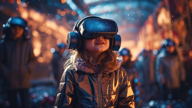 Futuristische Spielzeit Kindheit im digitalen Zeitalter mit VR und Kopfhörern