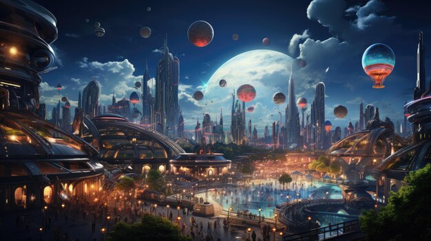 Futuristische Stadt bei Nacht mit Heißluftballons am Himmel