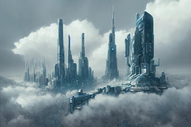 Foto futuristische stadt in den wolken zukunft der menschheitsentwicklung in der stadtarchitektur lifestyle neo city