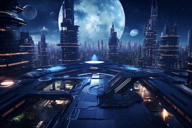 futuristische Stadt mit einem futuristischen Raumschiff in der Mitte generative ai