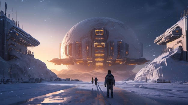 Futuristische Stadt mit einem riesigen Gebäude und einer Person, die auf einer verschneiten Straße läuft, generative KI