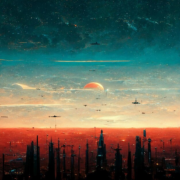 Futuristische Stadt mit einem Sonnenuntergang im Hintergrund generative ai