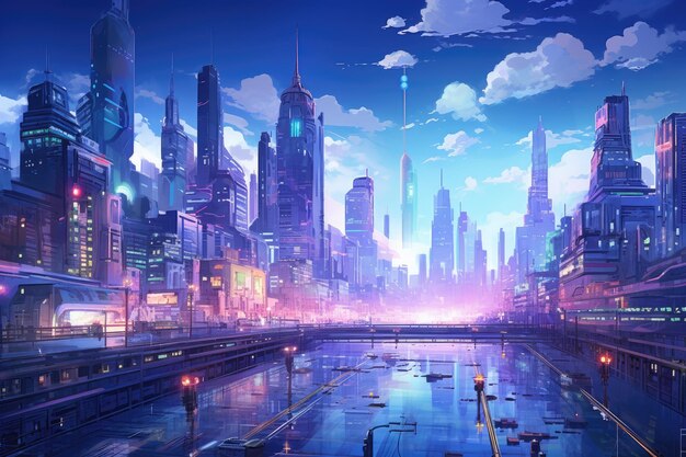 Futuristische Stadt mit eleganten Gebäuden im Anime-Stil