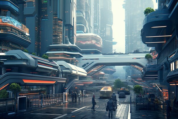 Futuristische Stadt mit futuristischer Architektur und Menschen, die auf dem Bürgersteig gehen, generative KI