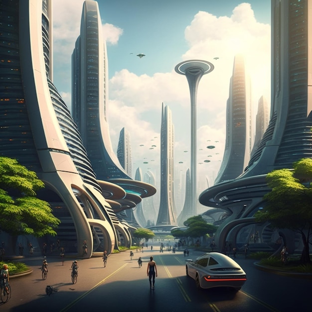 Futuristische Stadt mit futuristischer Architektur und Menschen, die auf der Straße laufen